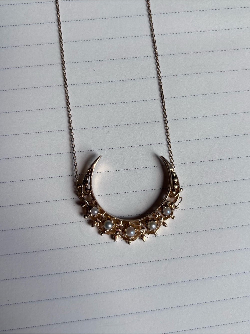 Antique Gold Crescent Necklace with Opalescent Stones - Women Jewelry - Picture 7 of 9